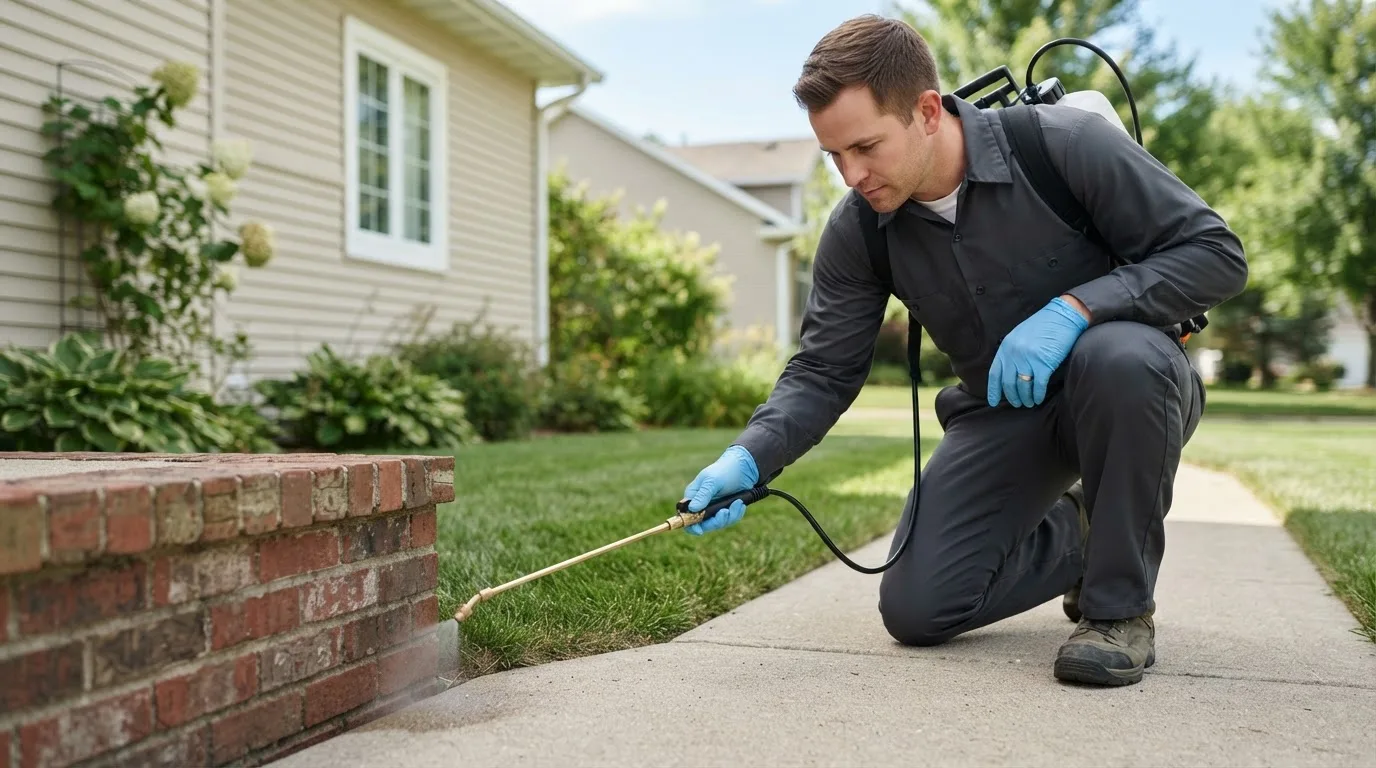Pest control technician treating a home near Fox, OK