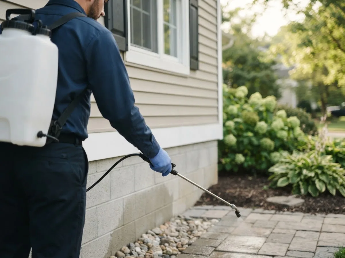 Pest control technician inspecting a home in Fox, OK